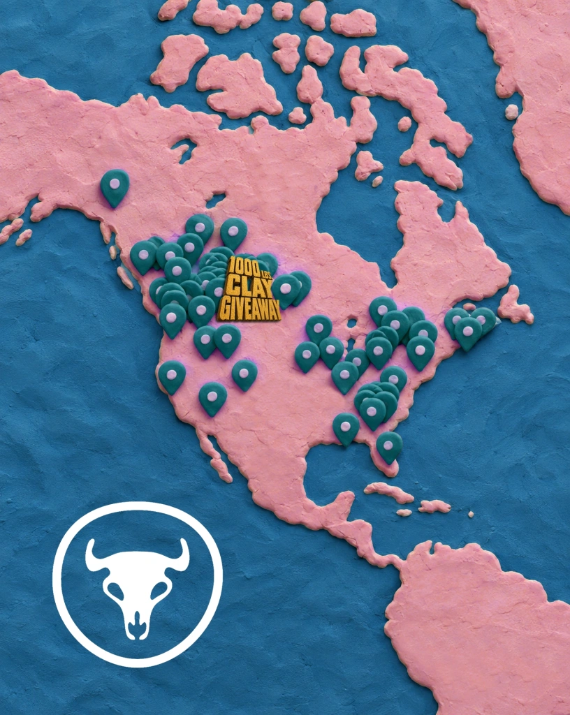 Map of North America with multiple location markers indicating a clay giveaway event, highlighted by a central "Clay Giveaway" label.