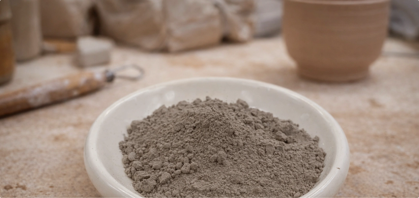 Bowl filled with gray clay powder on a wooden surface, surrounded by pottery tools and partially visible clay pots.