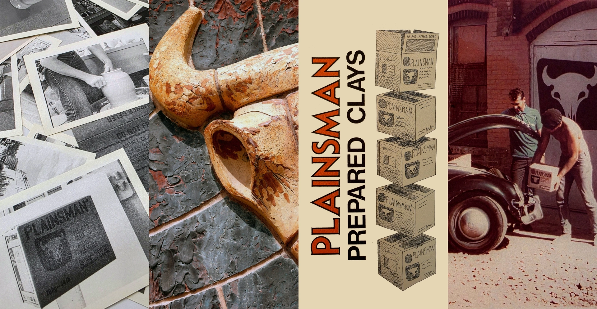 Collage of archival Plainsman photographs and a vintage Plainsman Prepared Clays advertisement