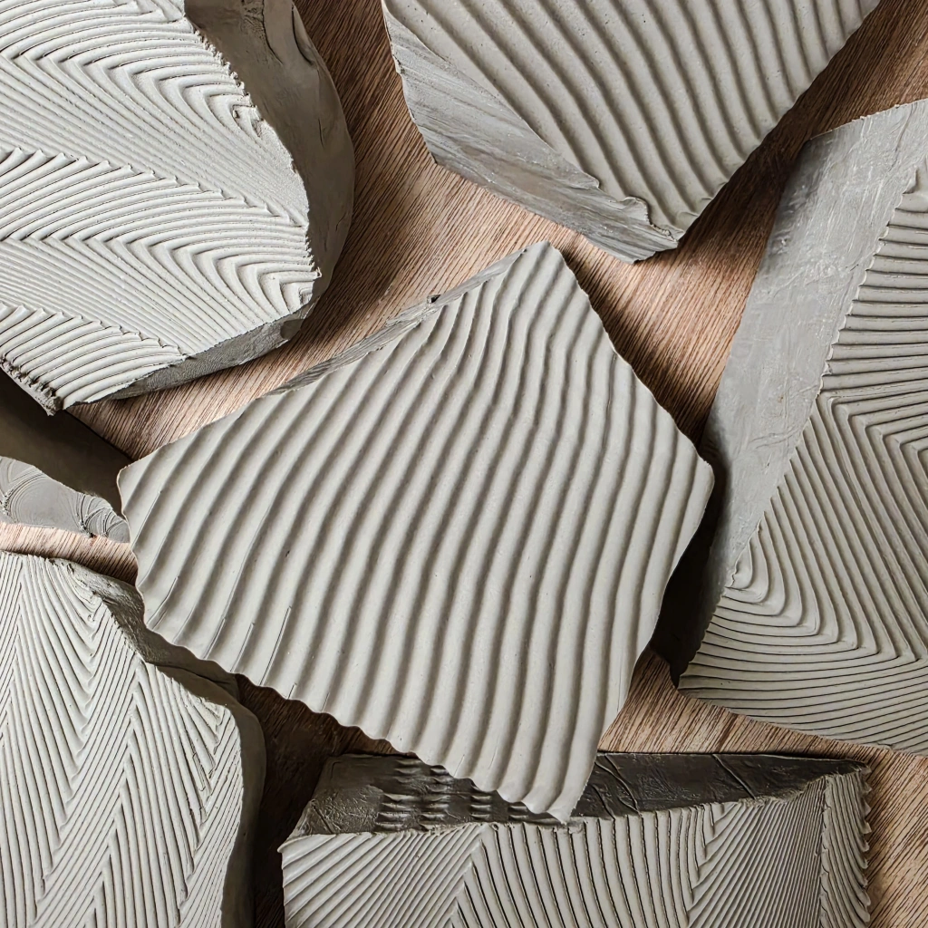 Close-up of freshly extruded clay slabs with ribbed, wavy surfaces